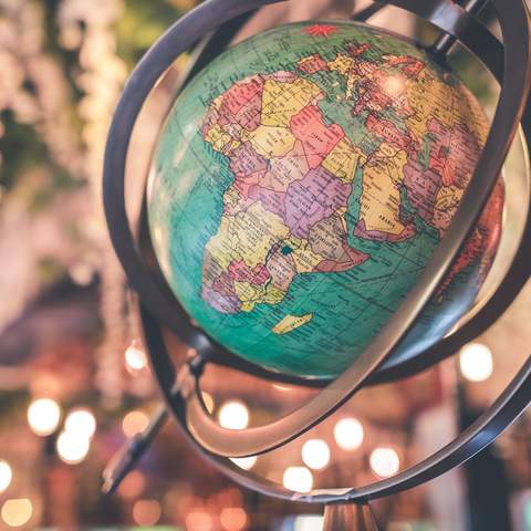 Color photo of historical globe showing the African continent with all countries, DR Congo in central position of the African continent with 50 countries